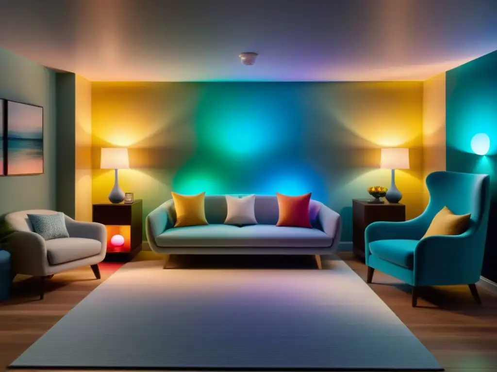 Una habitación serena iluminada por luces de colores, invitando a la terapia de color para mejorar