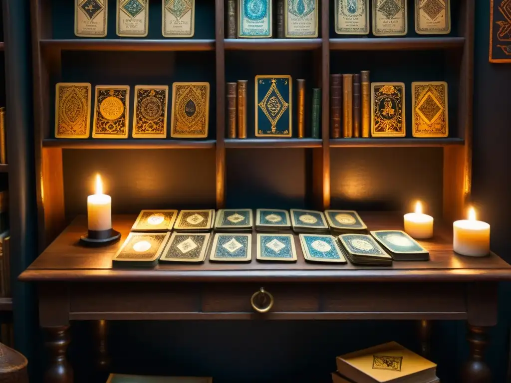 Una habitación sombría iluminada por una vela, con cartas del Tarot de Marsella y libros antiguos sobre misterios de las sociedades secretas