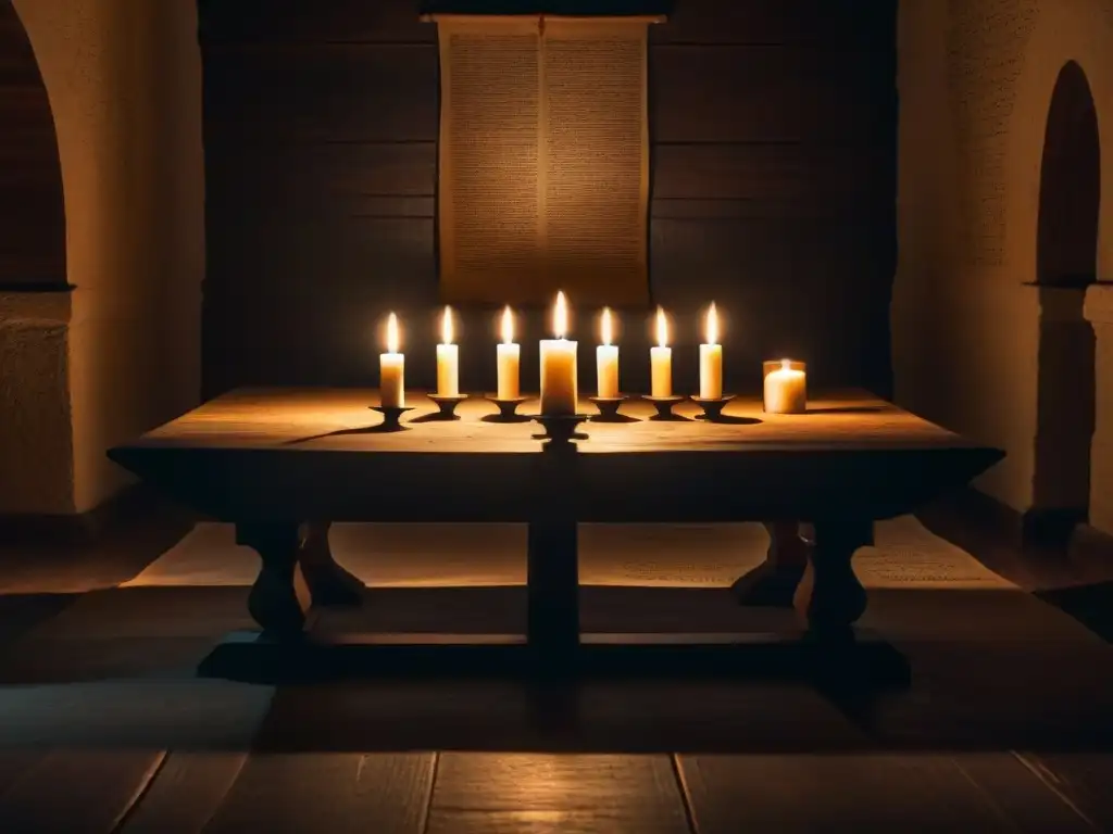 En una habitación tenue, una mesa de madera llena de pergaminos antiguos, artefactos misteriosos y velas titilantes proyectan sombras inquietantes