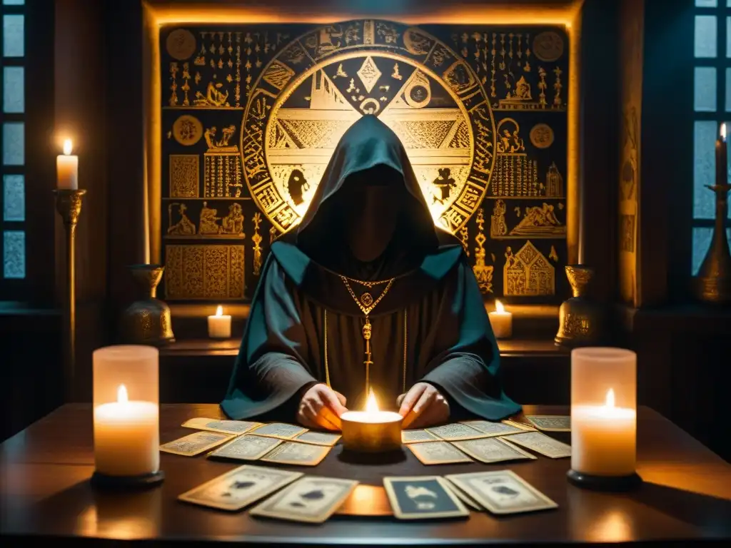 En una habitación tenue, sociedades secretas realizan rituales esotéricos con Tarot