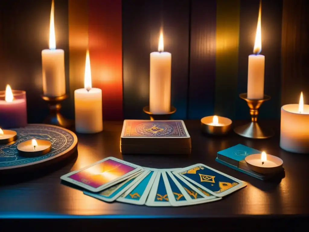 Una habitación tranquila iluminada por velas, con una mesa de madera y un mazo de Tarot colorido