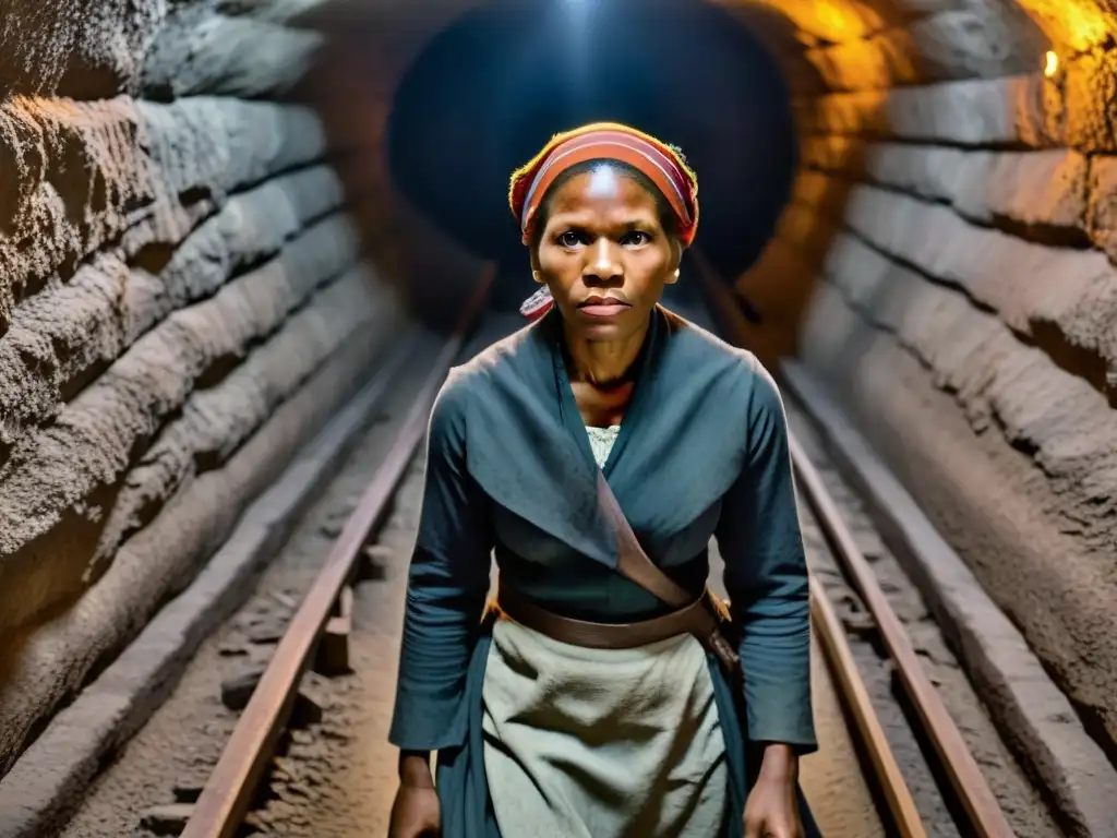 Harriet Tubman lidera a esclavos escapados en un túnel oscuro, transmitiendo secreto, determinación y esperanza