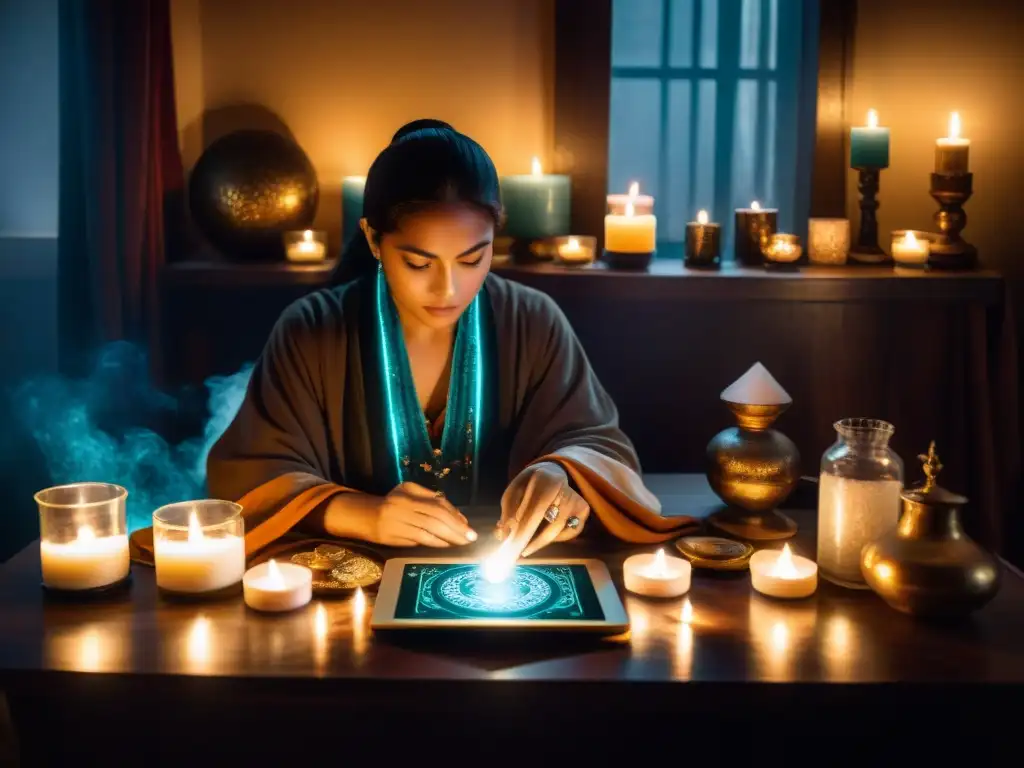 Un hechicero en una habitación con velas y objetos místicos, lanzando un hechizo concentrado