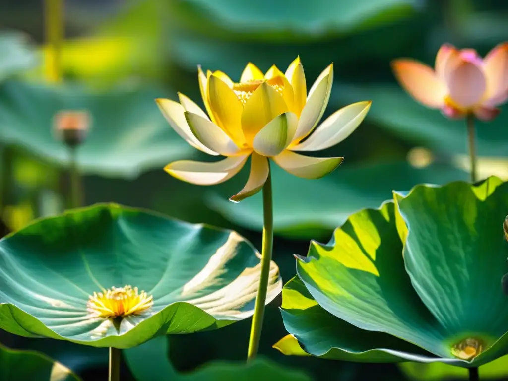 Una hermosa flor de loto dorada florece bajo la luz suave, reflejando su delicadeza y el rocío, en un sereno jardín de un monasterio budista