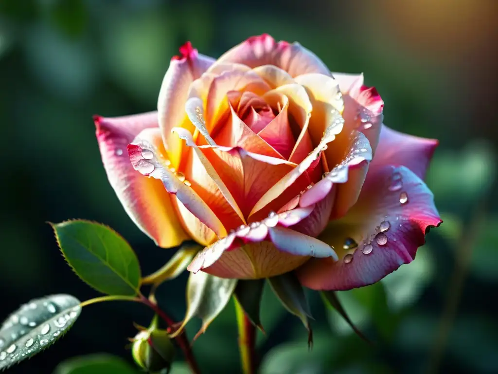 Hermosa rosa en plenitud con gotas de rocío, resaltando la belleza y fragilidad de la naturaleza para Herramientas rosacruces crecimiento espiritual