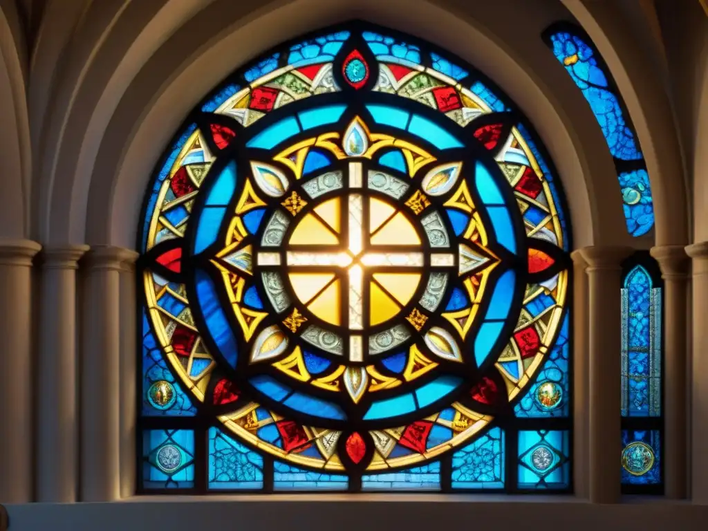 Hermosa vidriera con símbolos ocultos en la arquitectura de una sociedad secreta