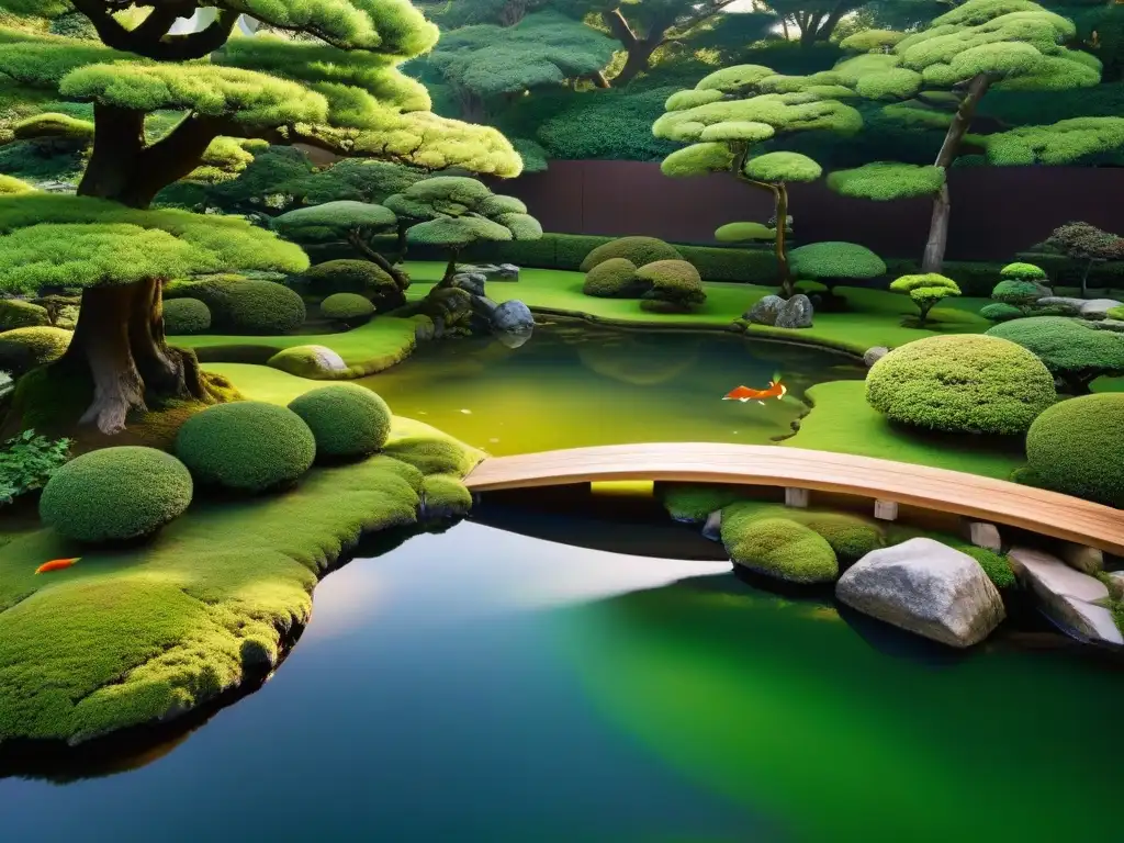 Jardín japonés: armonía y serenidad samurái Hermoso jardín japonés con koi nadando en estanque, bonsáis antiguos y musgo verde
