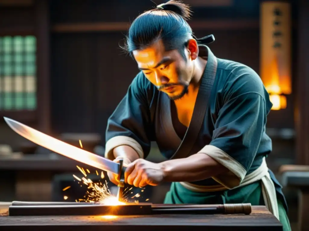 Un herrero japonés forja una katana en su taller, destacando la artesanía ancestral