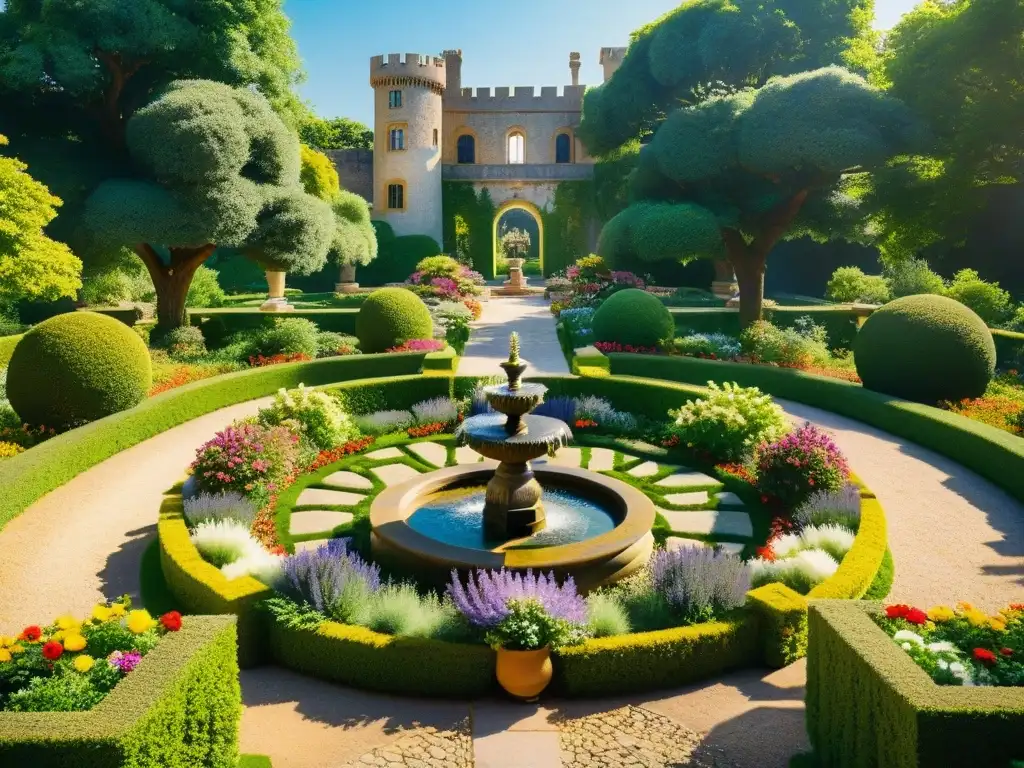 Un jardín histórico con flores vibrantes, caminos intrincados y una fuente majestuosa