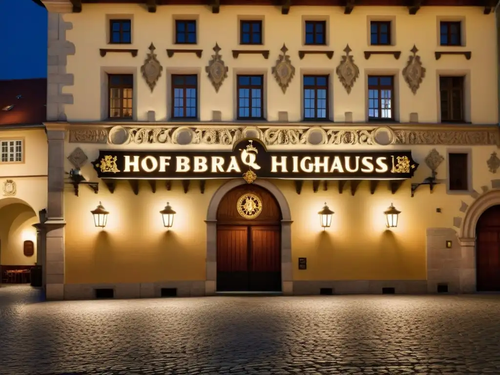 Hofbräuhaus en Munich iluminado de noche, reflejando la misteriosa influencia de los Illuminati Baviera historia misterios influencia