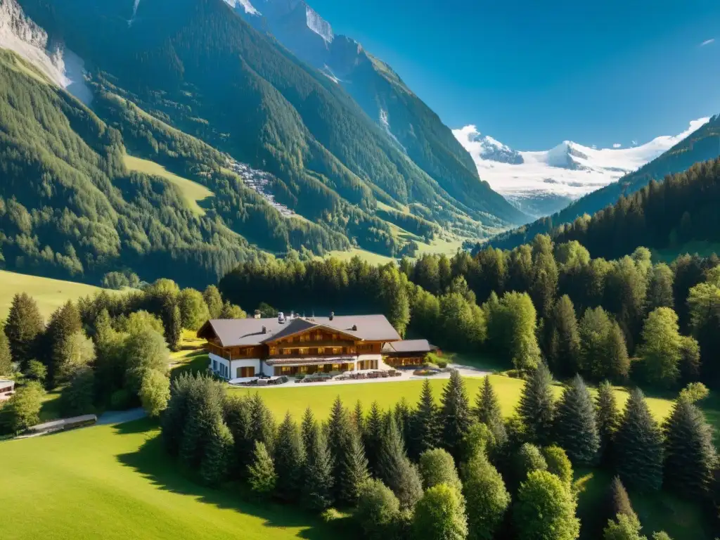 Un hotel lujoso y exclusivo en los Alpes suizos, rodeado de bosques y picos nevados