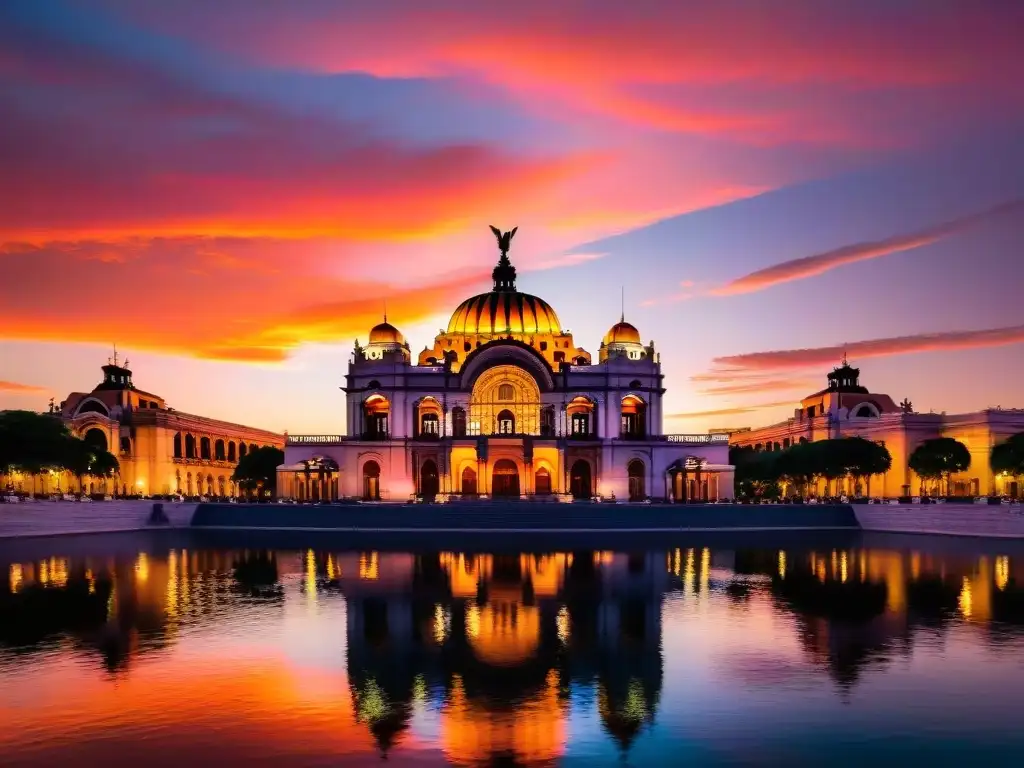 El icónico Palacio de Bellas Artes al atardecer en Ciudad de México, reflejándose en el agua serena del Parque Alameda