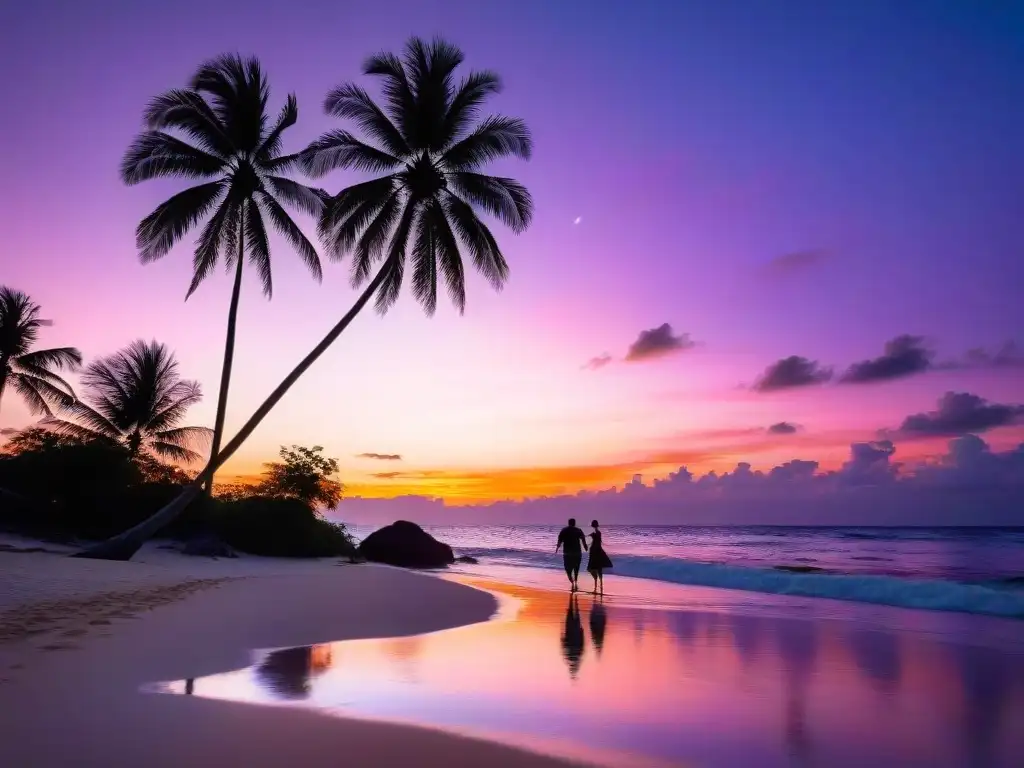 Un idílico atardecer en una playa remota, con palmeras, olas suaves y una pareja disfrutando de un viaje de luna de miel astrológico