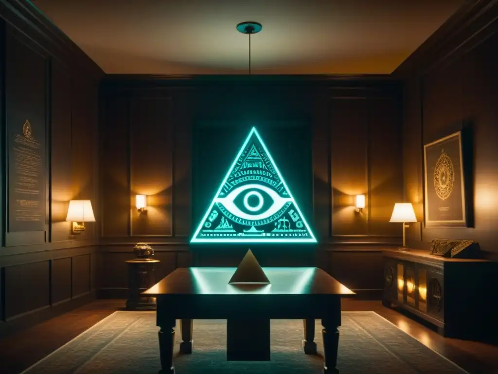 Enigmática habitación iluminada por el símbolo de los Illuminati, creando un ambiente misterioso y tenso