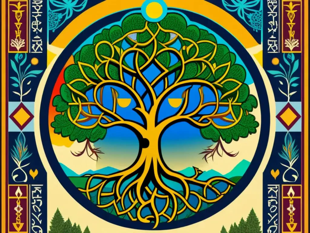 Una ilustración detallada del Árbol de la Vida en la tradición cabalística judía, con sephirot en colores vibrantes y patrones geométricos