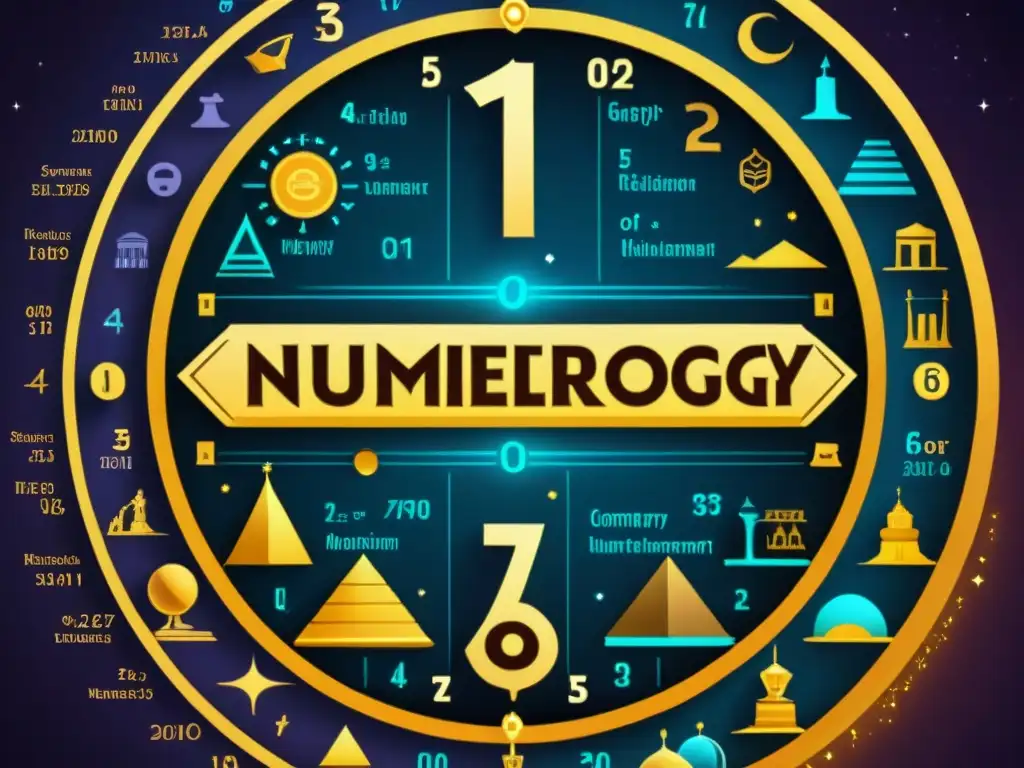 Una ilustración detallada que recorre la historia de la numerología desde civilizaciones antiguas hasta la tecnología moderna, con elementos simbólicos, figuras históricas y iconos de smartphone