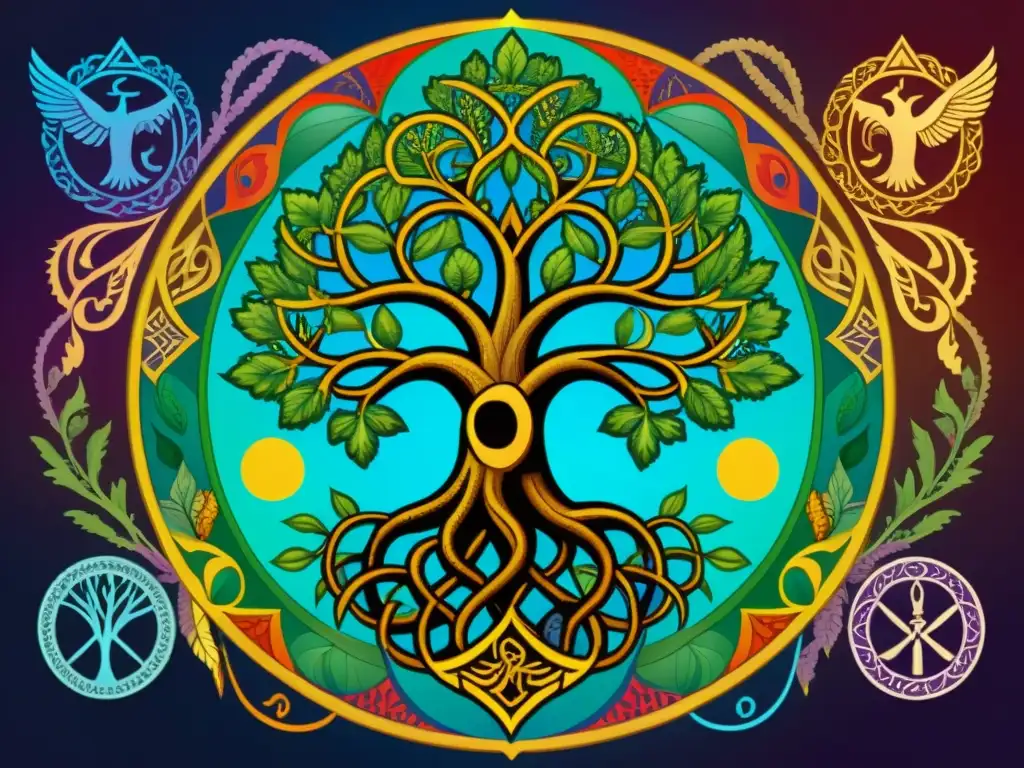 Una ilustración detallada del majestuoso árbol de la vida con símbolos herméticos, en vibrantes colores y detalles intrincados