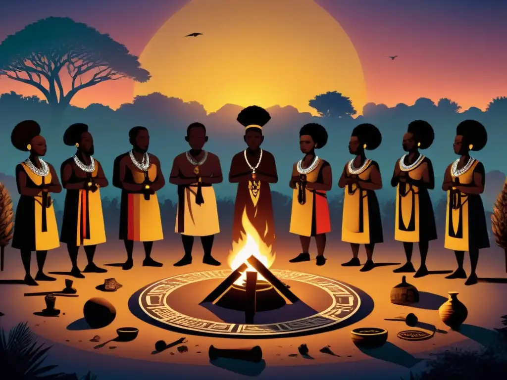 Una ilustración detallada de una reunión de miembros de sociedades secretas africanas en un ritual al atardecer, rodeados de símbolos misteriosos