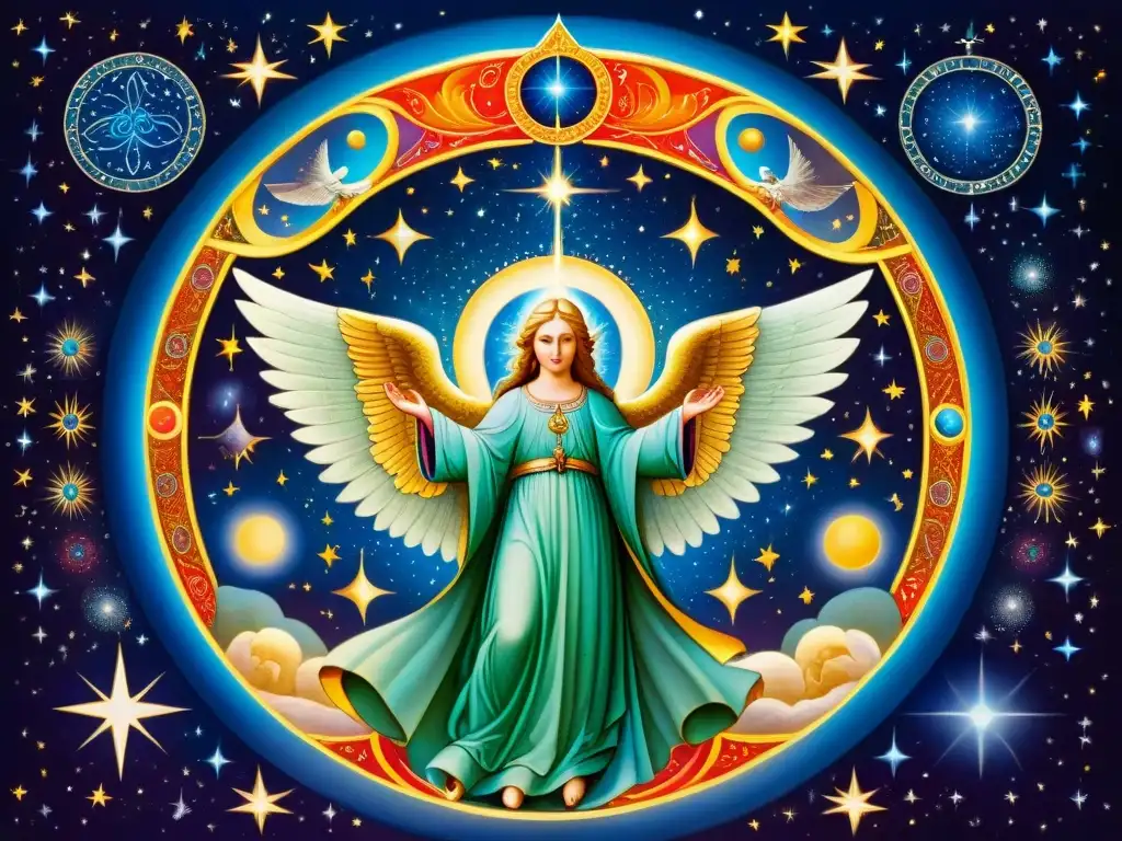Una ilustración detallada de seres celestiales y símbolos antiguos, con colores vibrantes y caligrafía elaborada, evocando misticismo y conocimiento ancestral