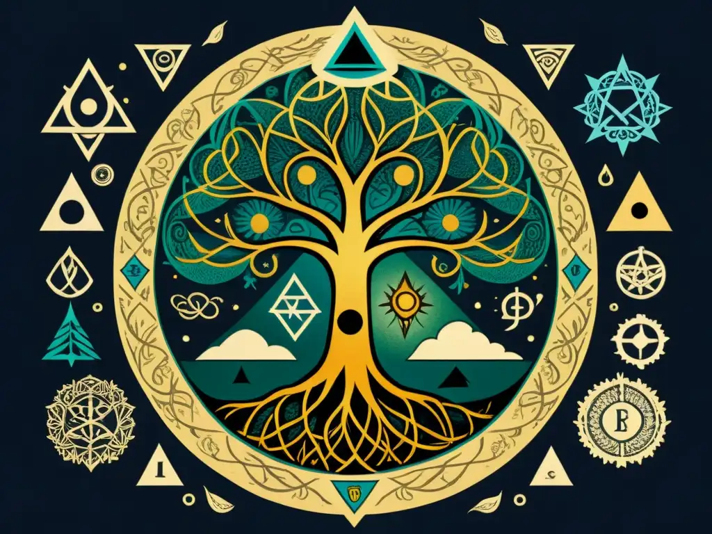 Una ilustración detallada de símbolos antiguos como el Árbol de la Vida y el Ojo de la Providencia, en tonos misteriosos de azul, verde y oro