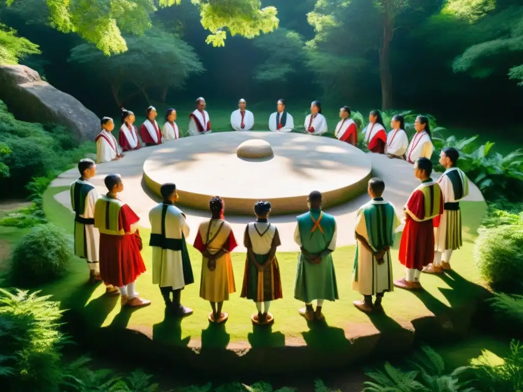 Rituales ancestrales: un círculo de paz y unidad en un bosque sagrado Una imagen cautivadora de una sociedad secreta en un bosque sagrado