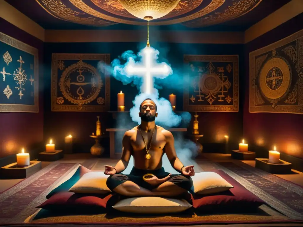 Una imagen detallada en alta resolución de una persona meditando en una habitación serena y tenue llena de humo de incienso