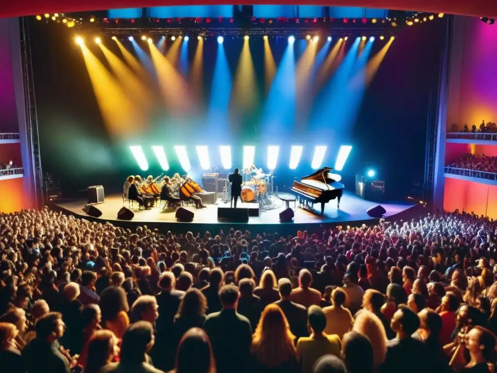 Una imagen detallada de un concierto de música contemporánea, con músicos apasionados y una audiencia inmersa en la experiencia