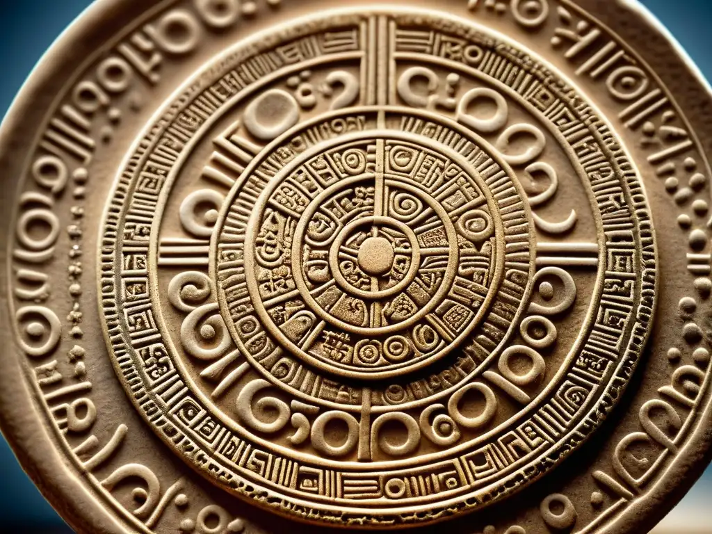 Misteriosas inscripciones en el Disco de Festos: detalle en espiral Una imagen detallada del Disco de Phaistos, con intrincados motivos espirales y jeroglíficos en arcilla antigua