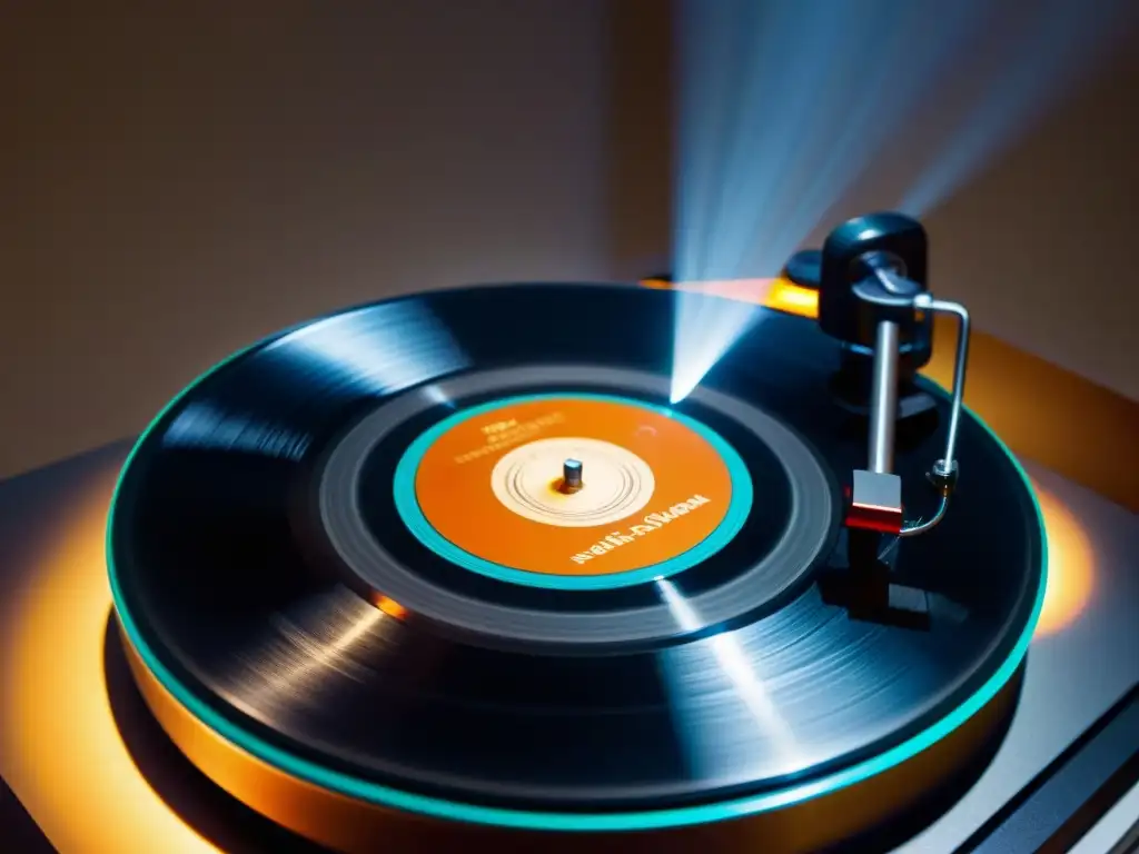 Una imagen detallada de un disco de vinilo girando con símbolos secretos, bajo una luz brillante