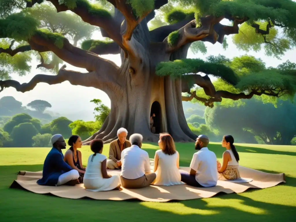 Una imagen detallada de diversidad en una profunda conversación bajo un majestuoso árbol antiguo, simbolizando la Influencia Sociedad Teosófica Espiritualismo Global