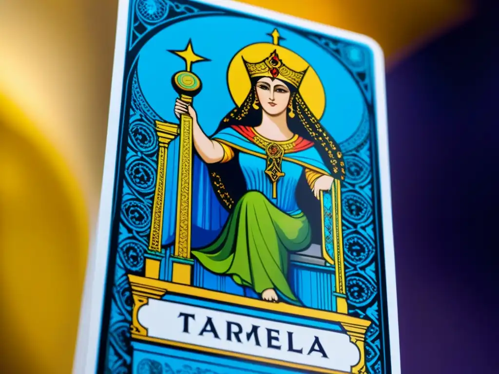 Una imagen detallada y misteriosa de la carta de la Suma Sacerdotisa del Tarot de Marsella, revelando los misterios de las sociedades secretas