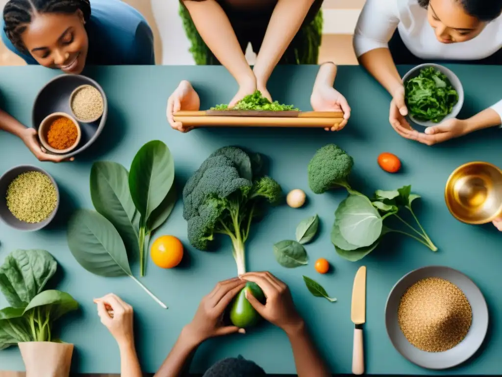 Una imagen detallada de personas diversas practicando yoga, meditación y cocinando juntas, integrando el ayuno intermitente para la salud