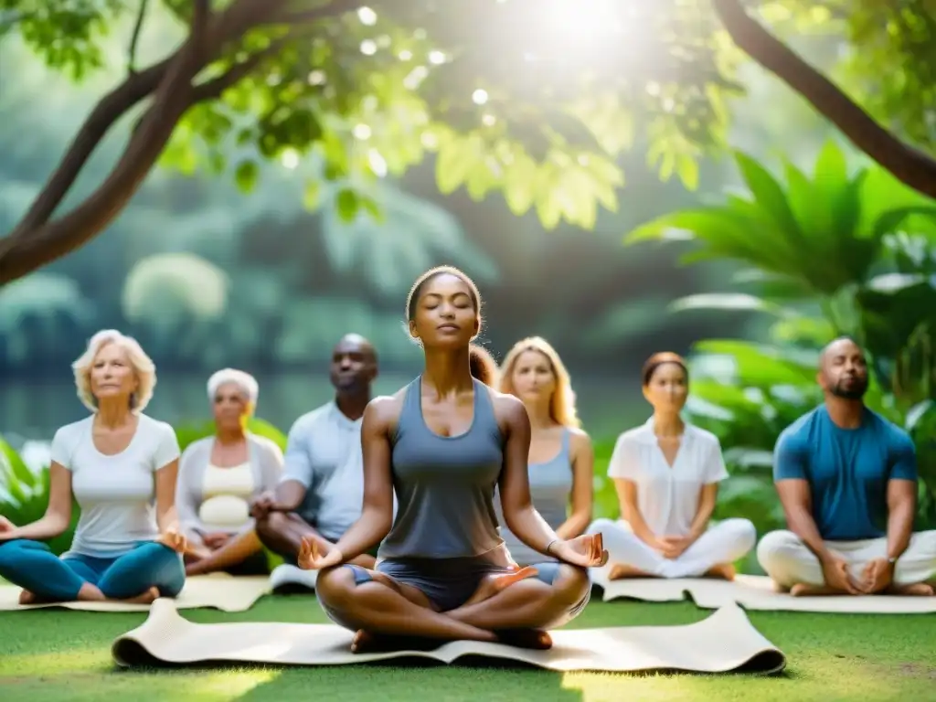 Una imagen detallada de personas practicando Meditación Trascendental en armonía con la naturaleza