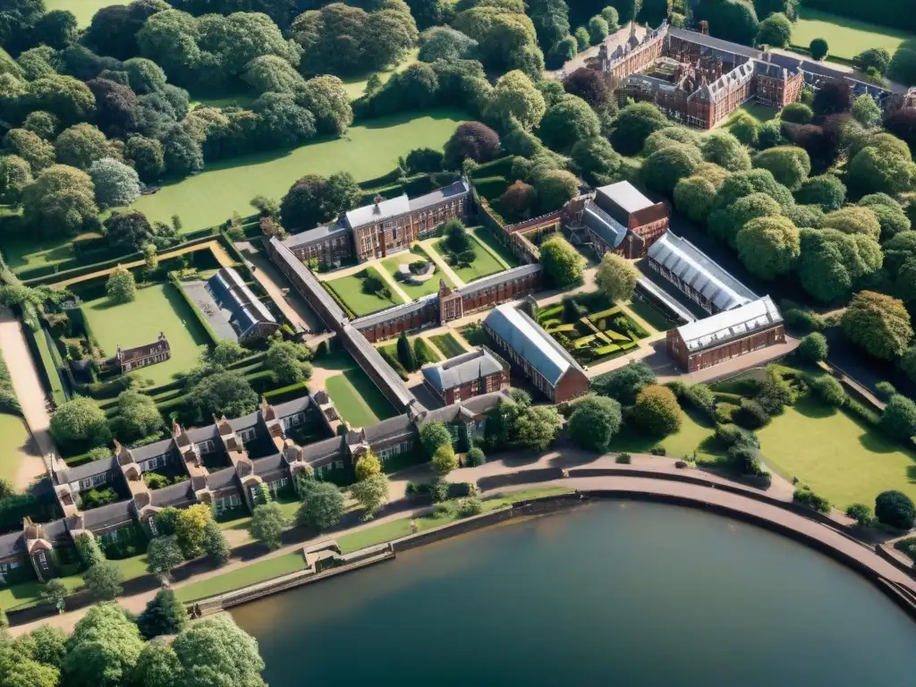 Una imagen detallada de Bletchley Park en la posguerra, con sombras que sugieren actividades secretas