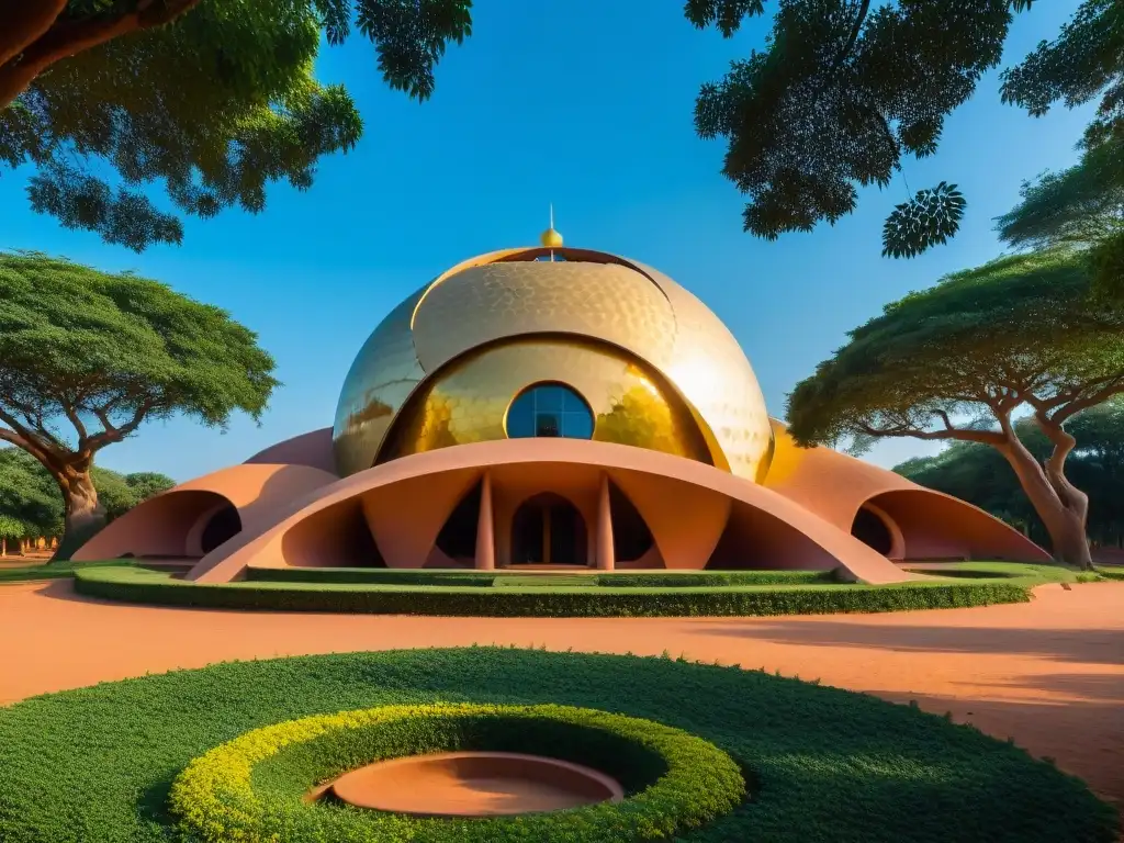 Una imagen detallada y serena del Matrimandir en Auroville, rodeado de exuberante vegetación bajo un cielo azul