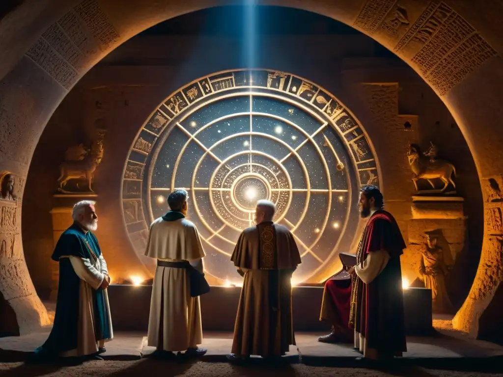 Conclave romano: misterios y sabiduría en la penumbra Una imagen detallada de una sociedad secreta romana adorando a Júpiter en una cámara subterránea, rodeada de símbolos y misterios