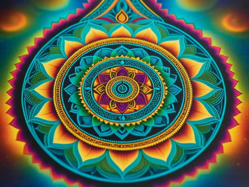 Una imagen detallada de un mandala vibrante y pintado a mano, simbolizando sociedades secretas y misteriosas historias