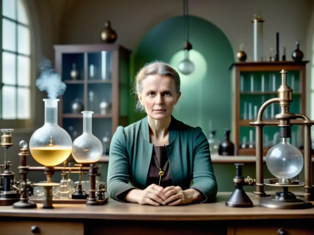 Una imagen documental en alta resolución de Marie Curie rodeada de equipo científico en su laboratorio, con una atmósfera mística