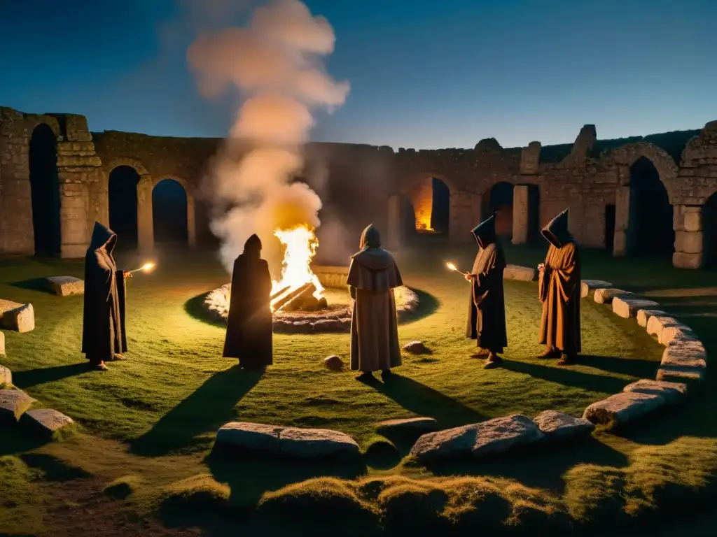 Una imagen fascinante de sociedades secretas misteriosas historia realizando un ritual en un antiguo círculo de piedra iluminado por antorchas