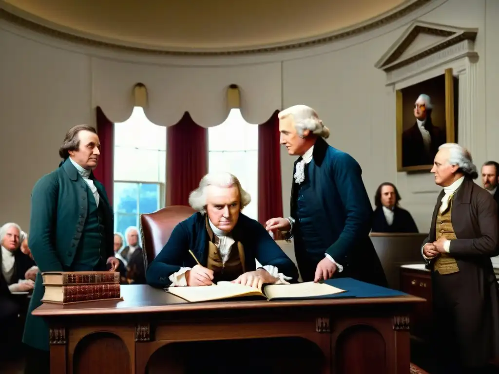 La imagen muestra la firma de la Declaración de Independencia con Jefferson, Adams y Franklin