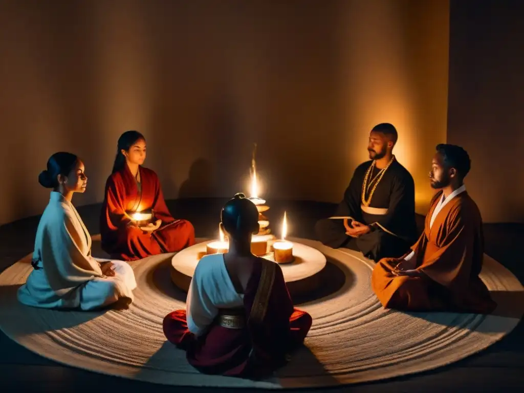 Una imagen de individuos en túnicas tradicionales meditando en un círculo con velas