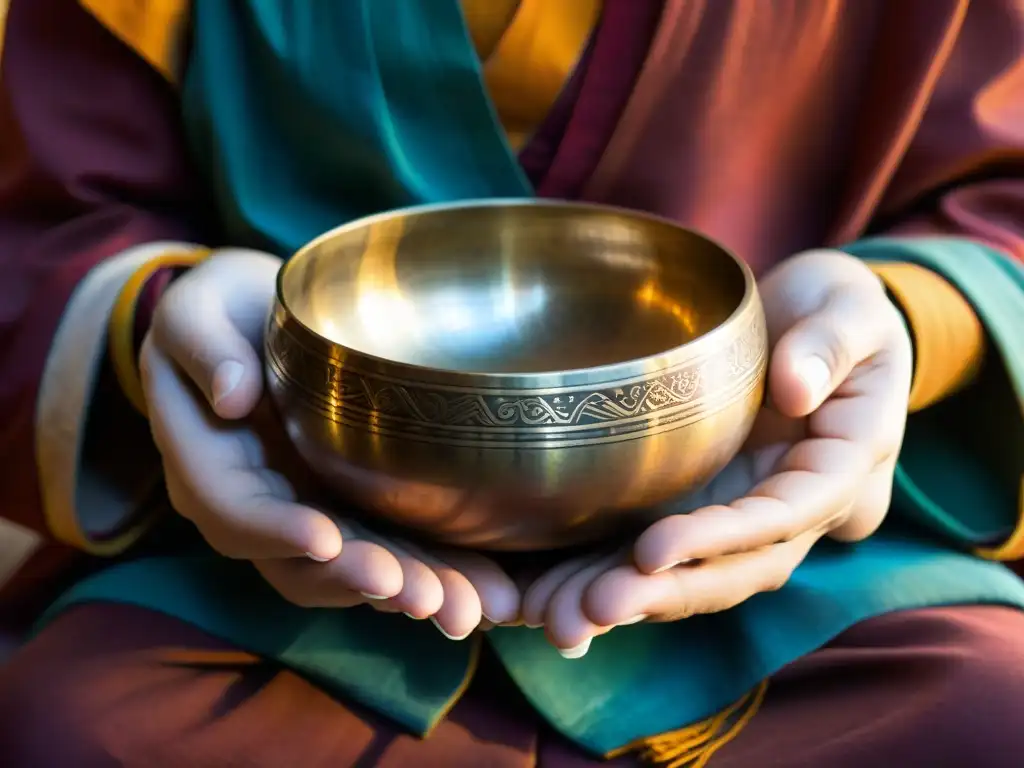 La imagen muestra las manos de una persona sosteniendo un cuenco tibetano, transmitiendo serenidad y la esencia de las prácticas con cuencos tibetanos