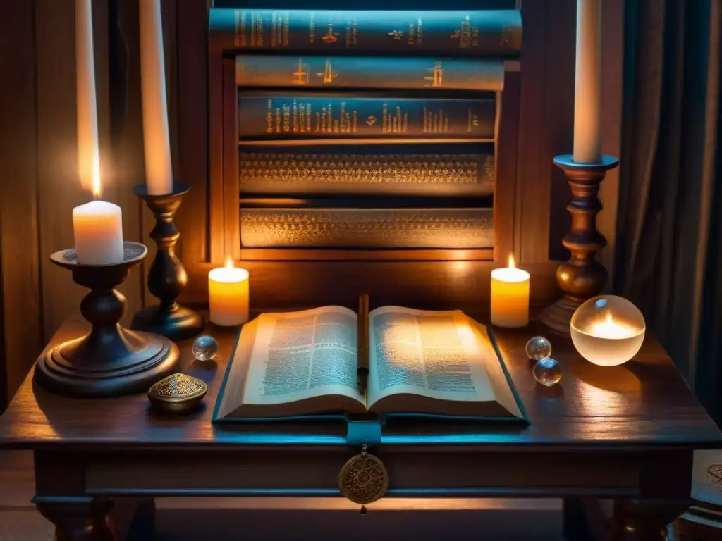 Misterioso estudio de sabiduría ancestral con velas y pergaminos Imagen de una habitación misteriosa con antiguos pergaminos y símbolos en una mesa de madera, iluminada por velas