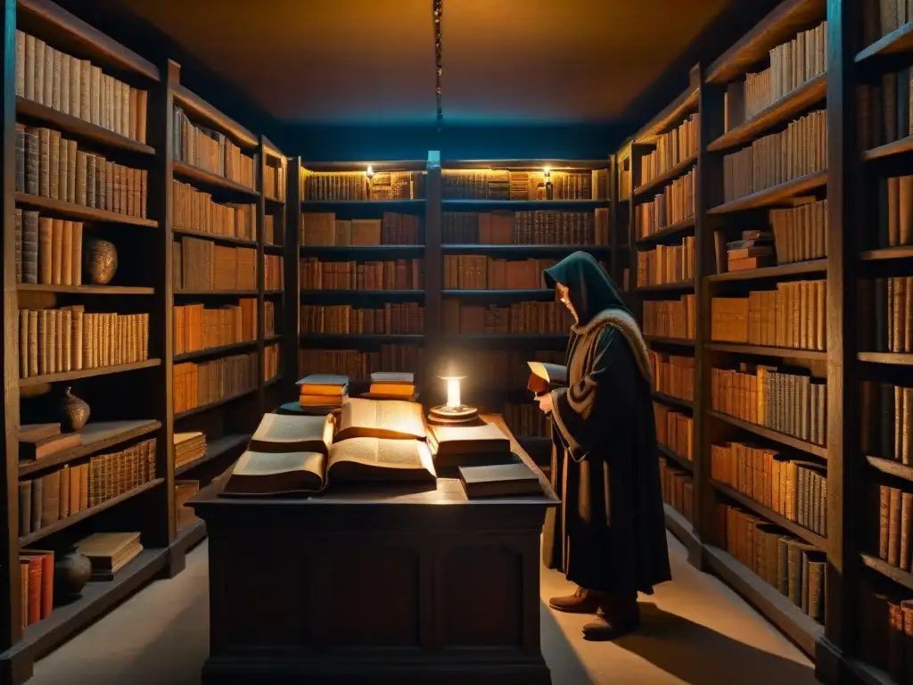 Imagen de una misteriosa biblioteca antigua, con libros polvorientos y sociedades secretas en una reunión clandestina