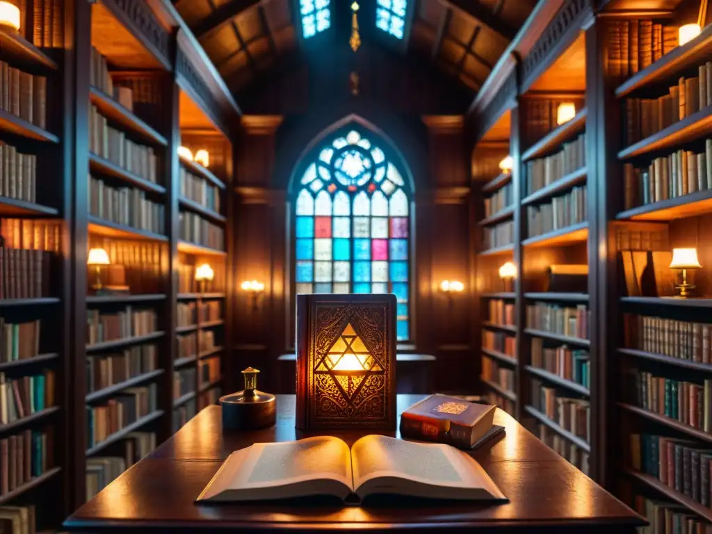 Imagen de una misteriosa biblioteca antigua iluminada por velas y con un libro de los Illuminati