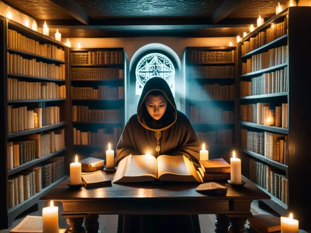 Imagen de una habitación misteriosa llena de libros antiguos, artefactos místicos y luz de velas, con una figura encapuchada leyendo un antiguo libro