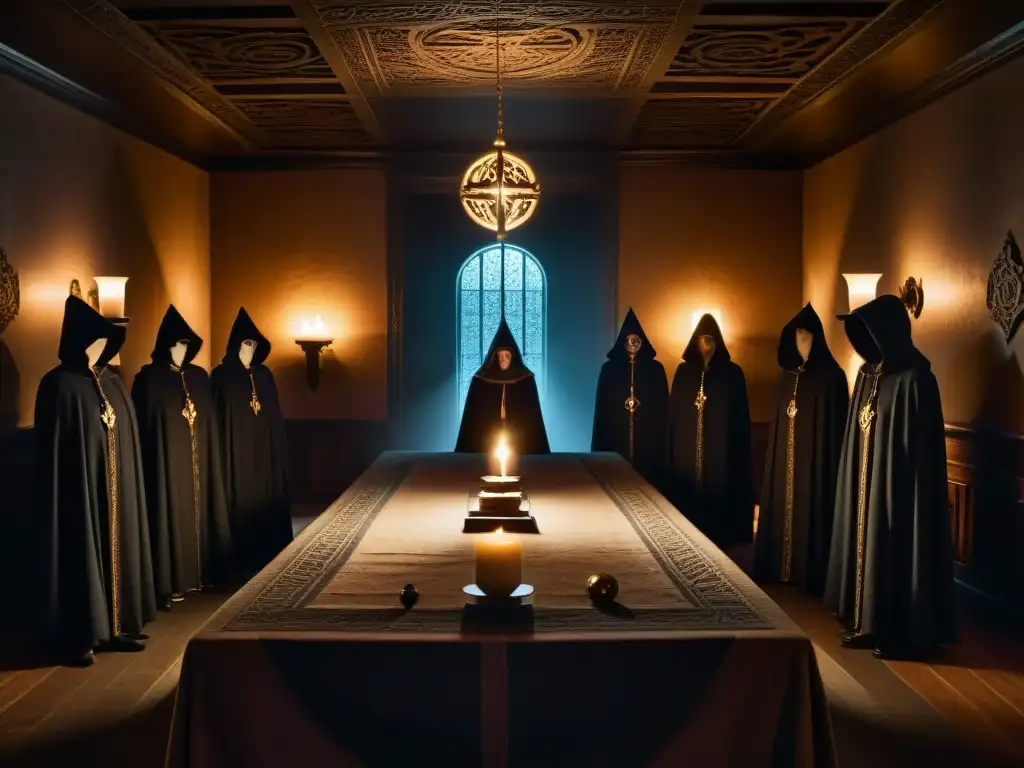 Una imagen de una misteriosa reunión en una antigua sala de sociedades secretas, con símbolos y velas, evocando intriga y misterio