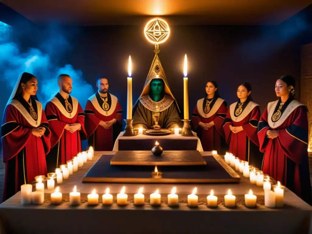 Una imagen misteriosa de una sociedad secreta realizando un ritual sagrado en un altar con velas encendidas y símbolos antiguos