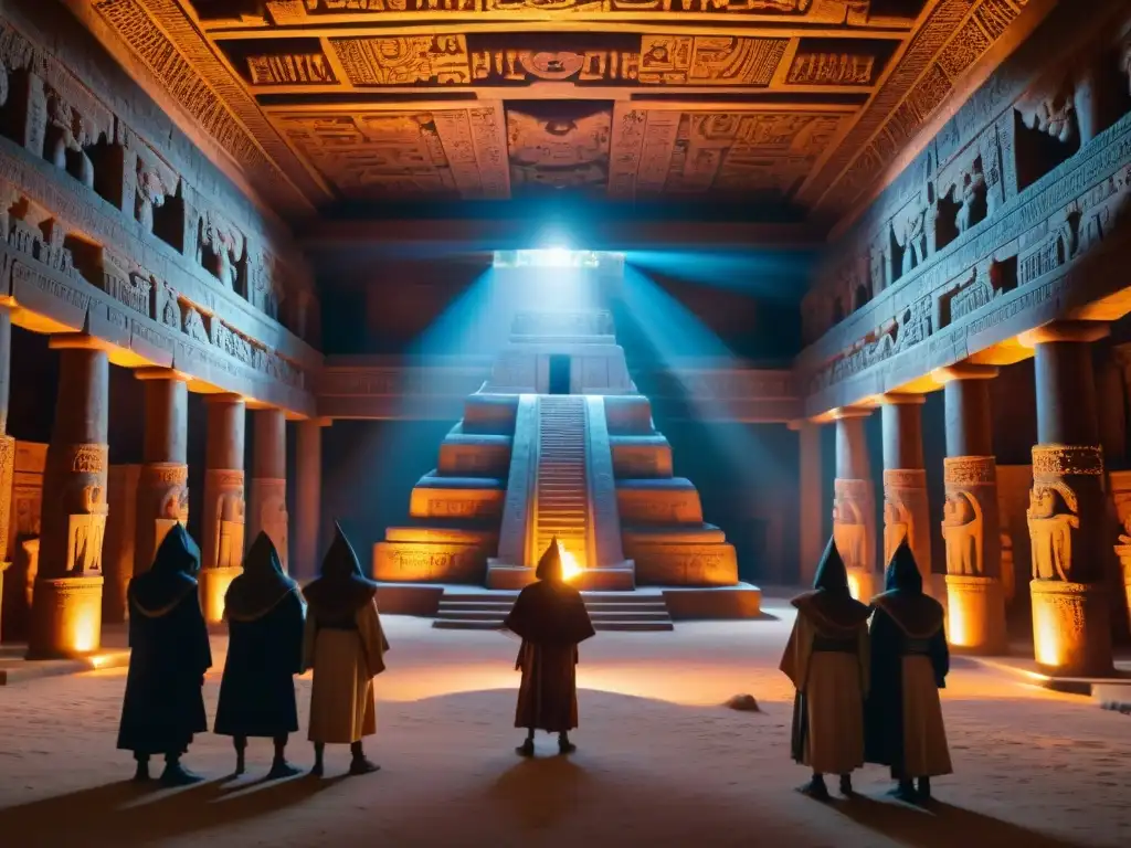 Imagen de un misterioso templo maya con figuras en capuchas alrededor de un orb resplandeciente, iluminado por una luz estelar