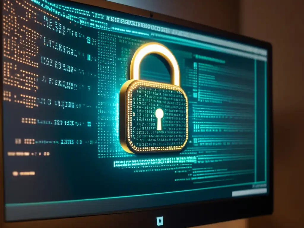 Desafíos en Criptografía: Código Encriptado y Seguridad Digital Imagen de pantalla de ordenador con código encriptado y un icono de candado, reflejando desafíos en aplicaciones criptografía moderna descifrado